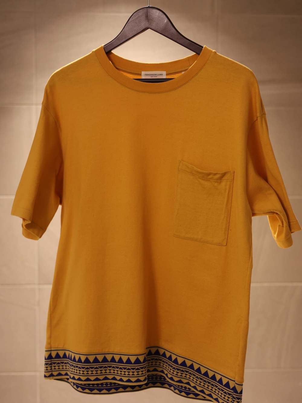 TOMORROWLAND Mustard Short-Sleeve Tee w/ Blue Geometric Trim. Made In Japan